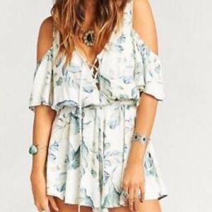 Show Me Your Mumu Cameron Cold Shoulder Romper Leaf Print White Green XS